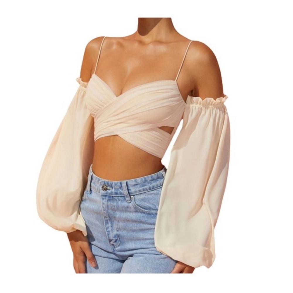 Oh Polly Cream Off-Shoulder Wrap Crop Top